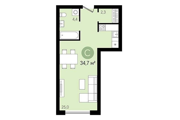 Студия 34,70 м² в Квартал Никитина. Планировка