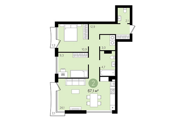 2-комнатная квартира 67,11 м² в Квартал Никитина. Планировка