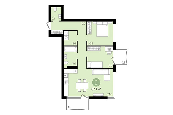 2-комнатная квартира 67,12 м² в Квартал Никитина. Планировка