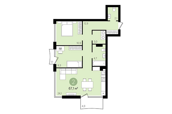 2-комнатная квартира 67,13 м² в Квартал Никитина. Планировка