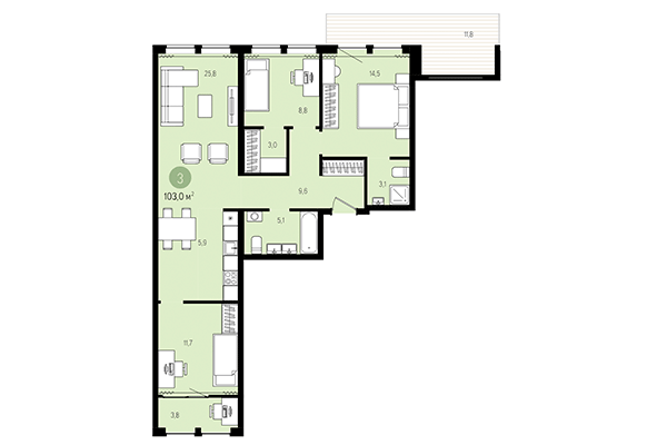 3-комнатная квартира 103,00 м² в Жилой район Пшеница. Планировка