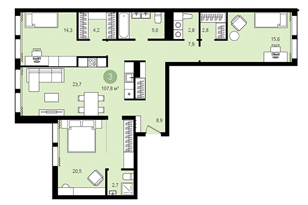 3-комнатная квартира 107,80 м² в Жилой район Пшеница. Планировка