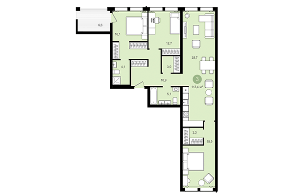 3-комнатная квартира 113,40 м² в Жилой район Пшеница. Планировка