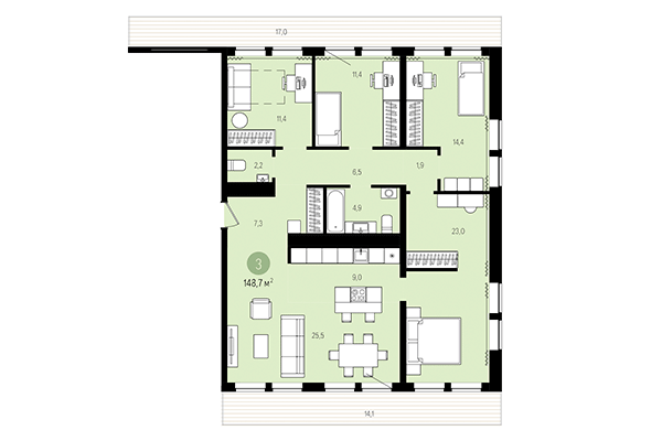 3-комнатная квартира 148,70 м² в Жилой район Пшеница. Планировка