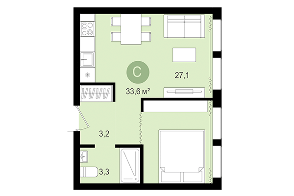 Студия 33,60 м² в Жилой район Пшеница. Планировка