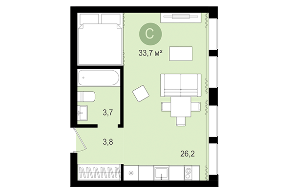 Студия 33,70 м² в Жилой район Пшеница. Планировка