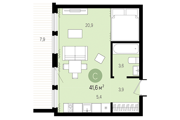 Студия 41,60 м² в Жилой район Пшеница. Планировка