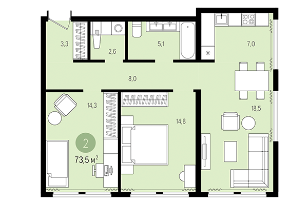 2-комнатная квартира 73,50 м² в Жилой район Пшеница. Планировка