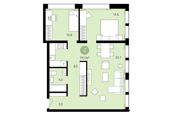 2-комнатная квартира 74,30 м² в Жилой район Пшеница. Планировка