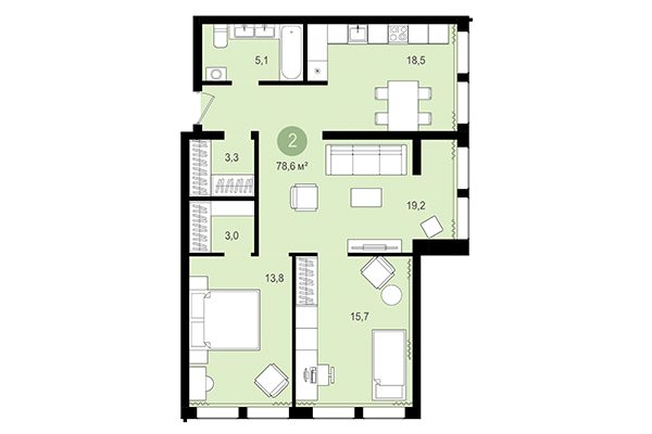 2-комнатная квартира 78,60 м² в Жилой район Пшеница. Планировка