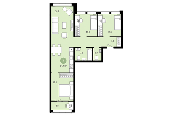 3-комнатная квартира 84,40 м² в Жилой район Пшеница. Планировка