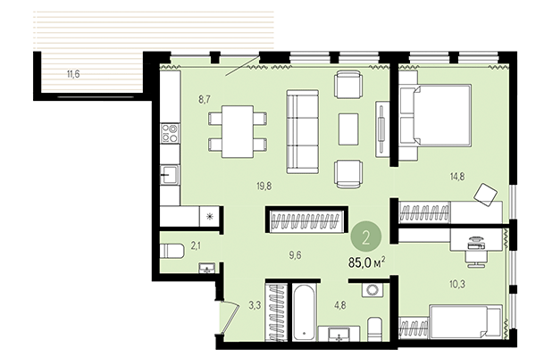 2-комнатная квартира 85,00 м² в Жилой район Пшеница. Планировка