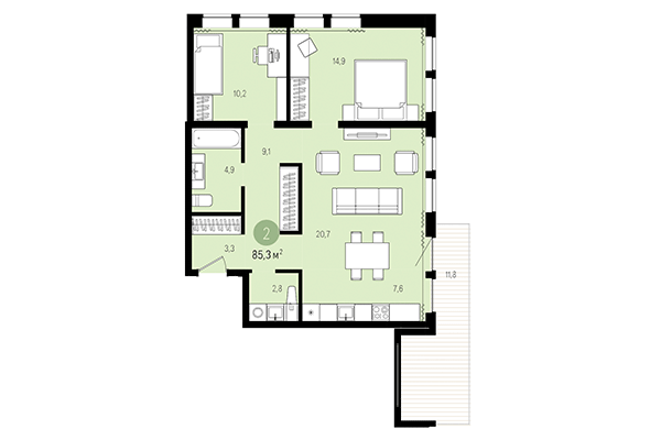 2-комнатная квартира 85,30 м² в Жилой район Пшеница. Планировка