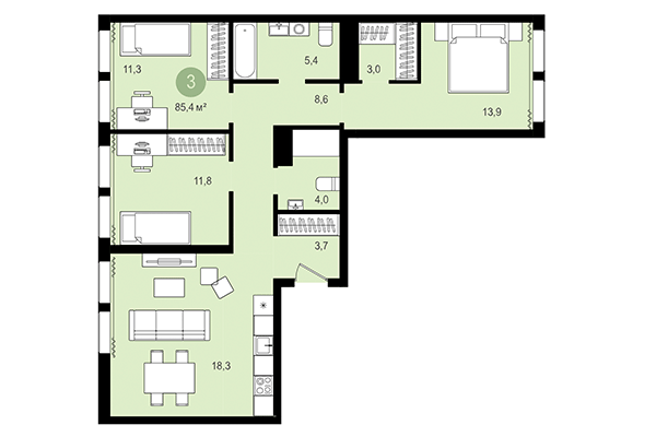 3-комнатная квартира 85,40 м² в Жилой район Пшеница. Планировка