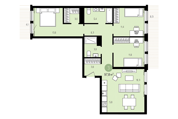 3-комнатная квартира 97,80 м² в Жилой район Пшеница. Планировка