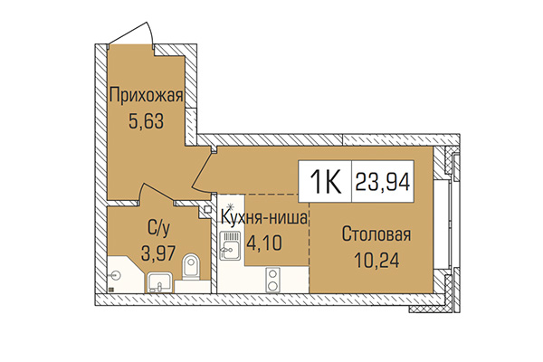 Студия 23,94 м² в ЖК Цивилизация. Планировка