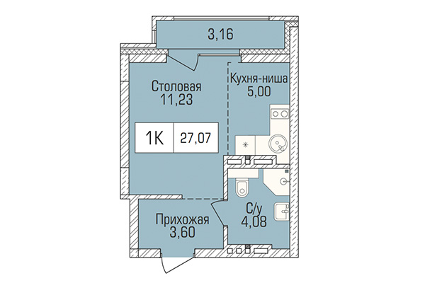 Студия 27,07 м² в ЖК Цивилизация. Планировка