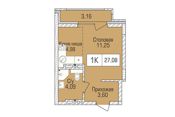 Студия 27,08 м² в ЖК Цивилизация. Планировка