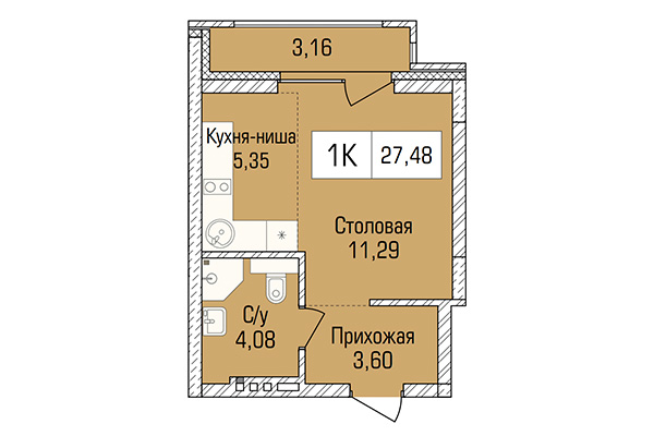 Студия 27,48 м² в ЖК Цивилизация. Планировка