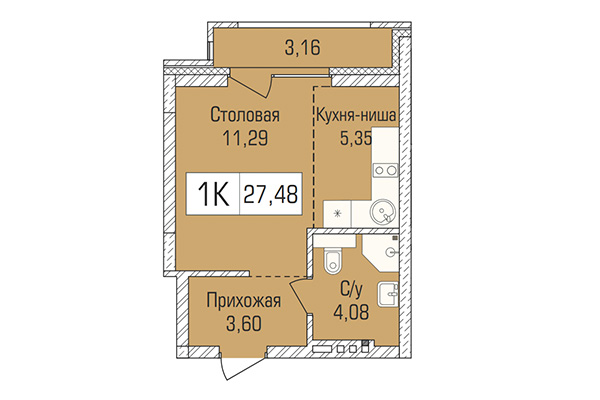 Студия 27,49 м² в ЖК Цивилизация. Планировка