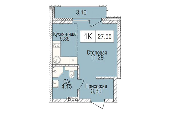 Студия 27,55 м² в ЖК Цивилизация. Планировка