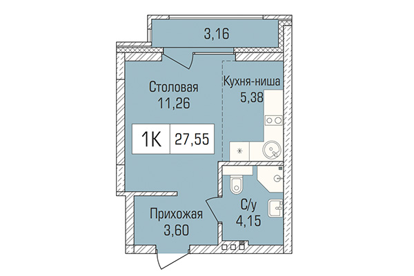 Студия 27,56 м² в ЖК Цивилизация. Планировка