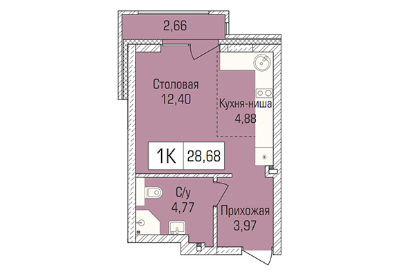 Студия 28,68 м² в ЖК Цивилизация. Планировка