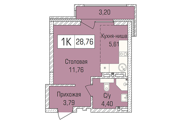 Студия 28,76 м² в ЖК Цивилизация. Планировка