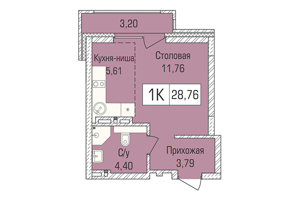 Студия 28,77 м² в ЖК Цивилизация. Планировка