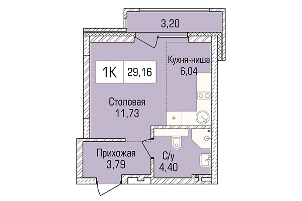 Студия 29,16 м² в ЖК Цивилизация. Планировка