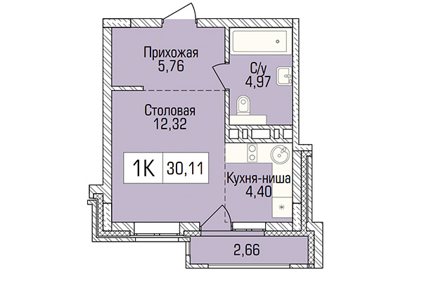 Студия 30,11 м² в ЖК Цивилизация. Планировка