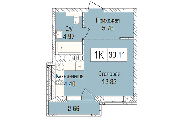 Студия 30,12 м² в ЖК Цивилизация. Планировка