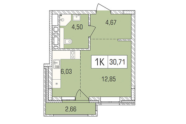 Студия 30,71 м² в ЖК Цивилизация. Планировка