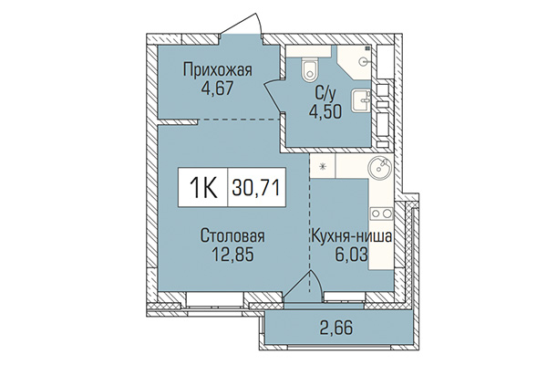 Студия 30,72 м² в ЖК Цивилизация. Планировка