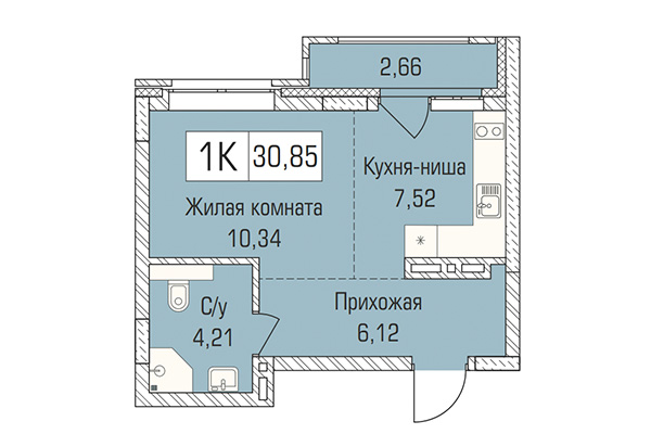 Студия 30,85 м² в ЖК Цивилизация. Планировка