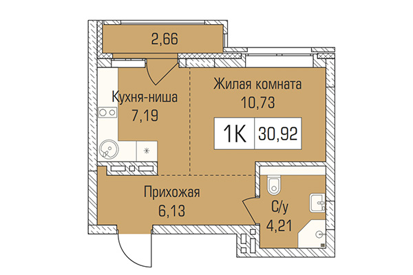 Студия 30,92 м² в ЖК Цивилизация. Планировка