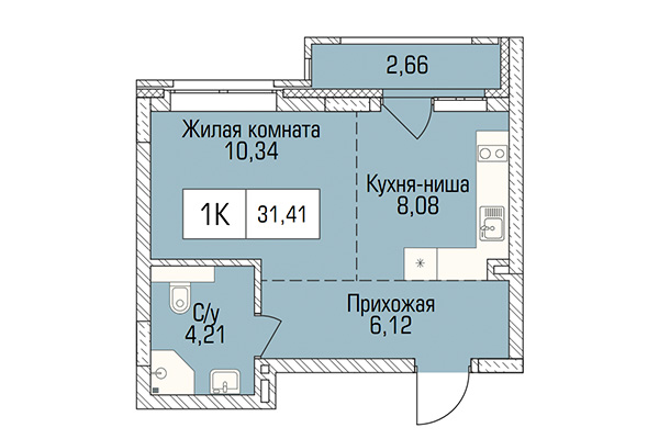 Студия 31,41 м² в ЖК Цивилизация. Планировка