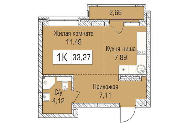 Студия 33,27 м² в ЖК Цивилизация. Планировка