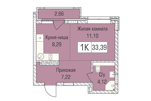 Студия 33,39 м² в ЖК Цивилизация. Планировка