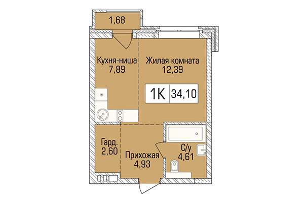 Студия 34,10 м² в ЖК Цивилизация. Планировка