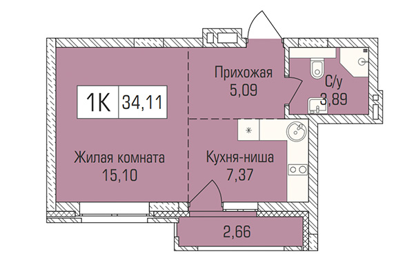 Студия 34,11 м² в ЖК Цивилизация. Планировка