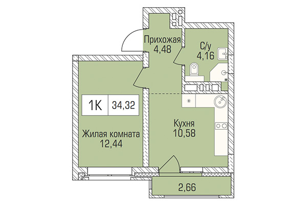 1-комнатная квартира 34,32 м² в ЖК Цивилизация. Планировка