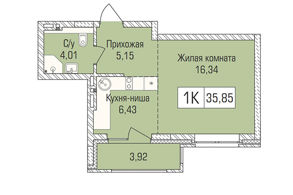 Студия 35,85 м² в ЖК Цивилизация. Планировка