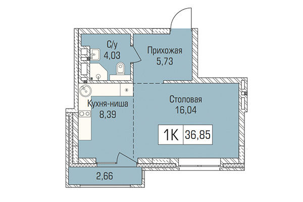 Студия 36,85 м² в ЖК Цивилизация. Планировка