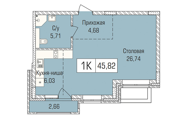 Студия 45,82 м² в ЖК Цивилизация. Планировка