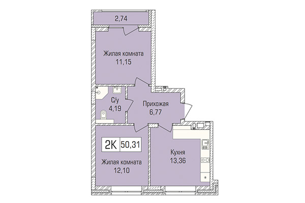 2-комнатная квартира 50,32 м² в ЖК Цивилизация. Планировка