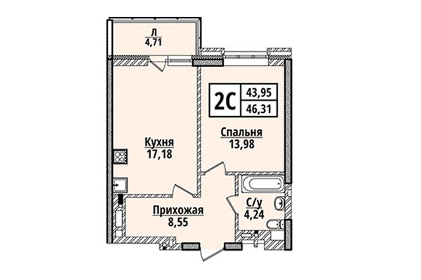 2-комнатная квартира 46,31 м² в ЖК Классик Хаус. Планировка