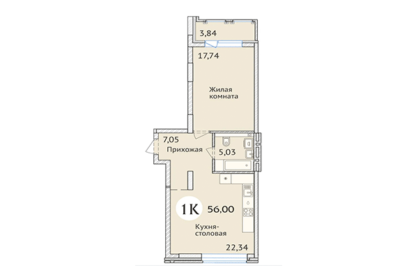 1-комнатная квартира 56,00 м² в ЖК Заельцовский. Планировка