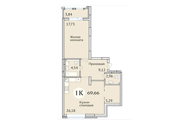 1-комнатная квартира 69,66 м² в ЖК Заельцовский. Планировка