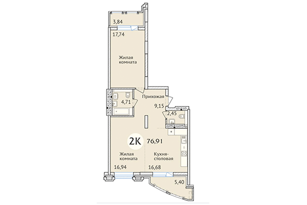 2-комнатная квартира 76,91 м² в ЖК Заельцовский. Планировка